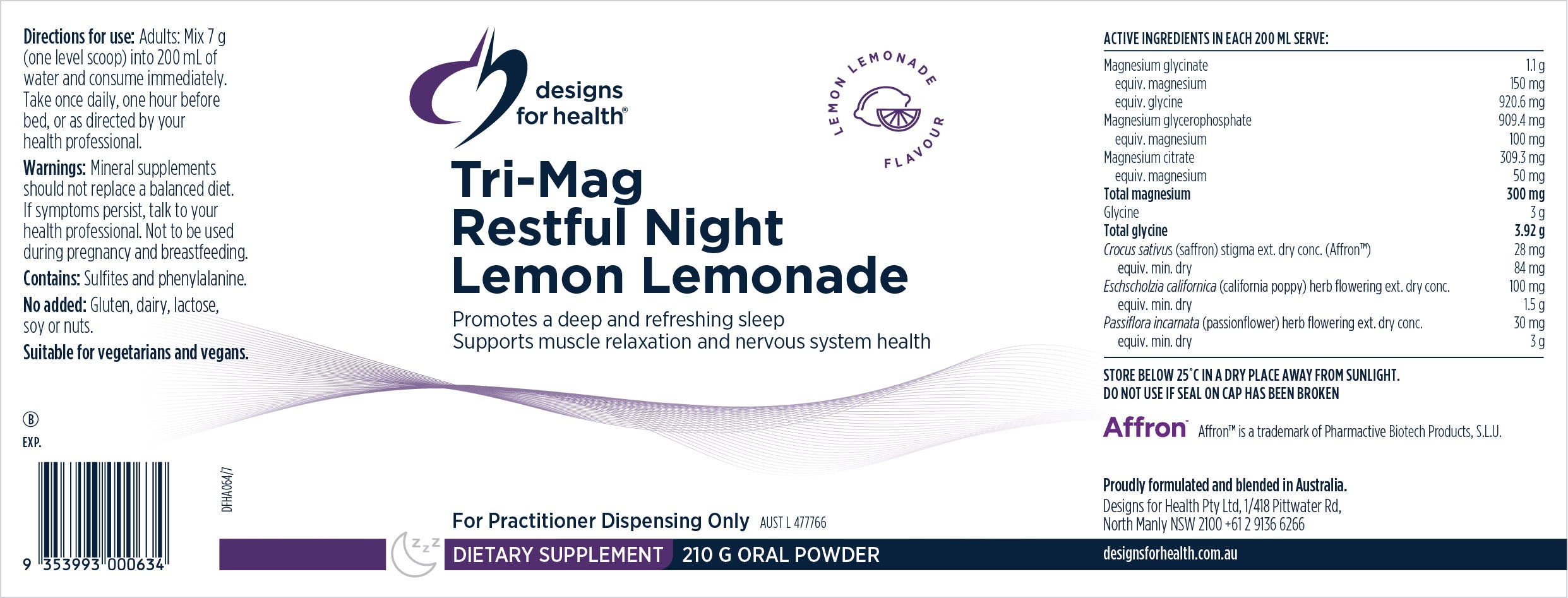 Designs for Health Tri-Mag Restful Night Lemon Lemonade 210g